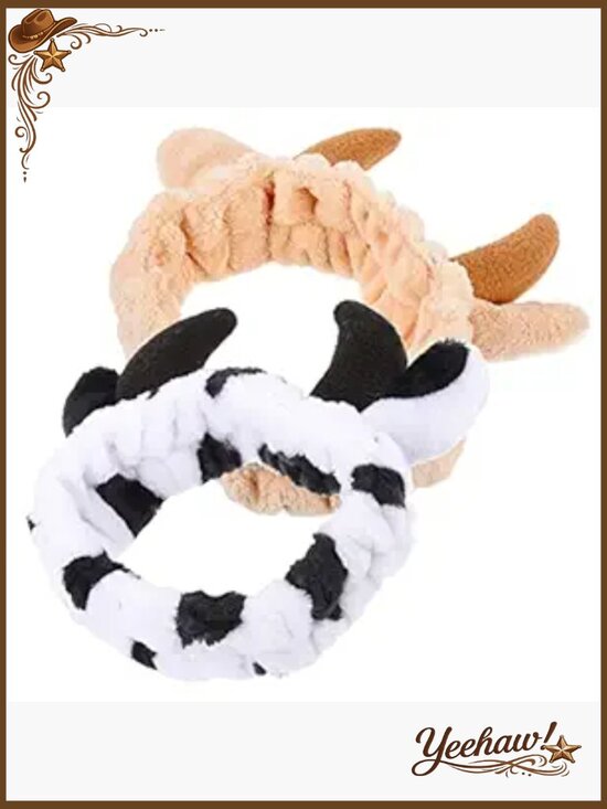 2-Pack Animal Face Wash Headband Set Cow Devil Horns Soft Coral Fleece Hair